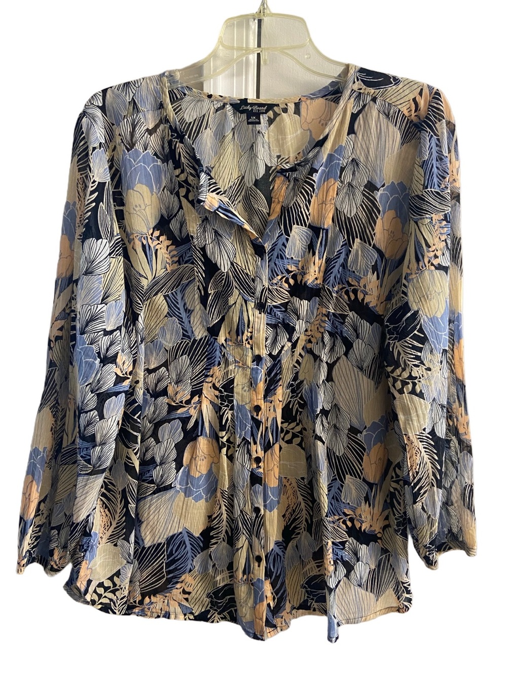 Lucky Brand Floral Leaf Print Button Front Blouse Long Sleeve Peasant Top 1X